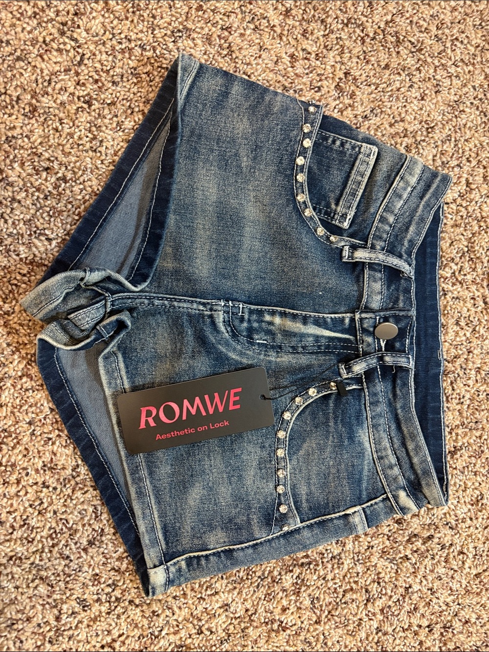 ROMWE Dark Blue Studded Denim Jean Shorts
